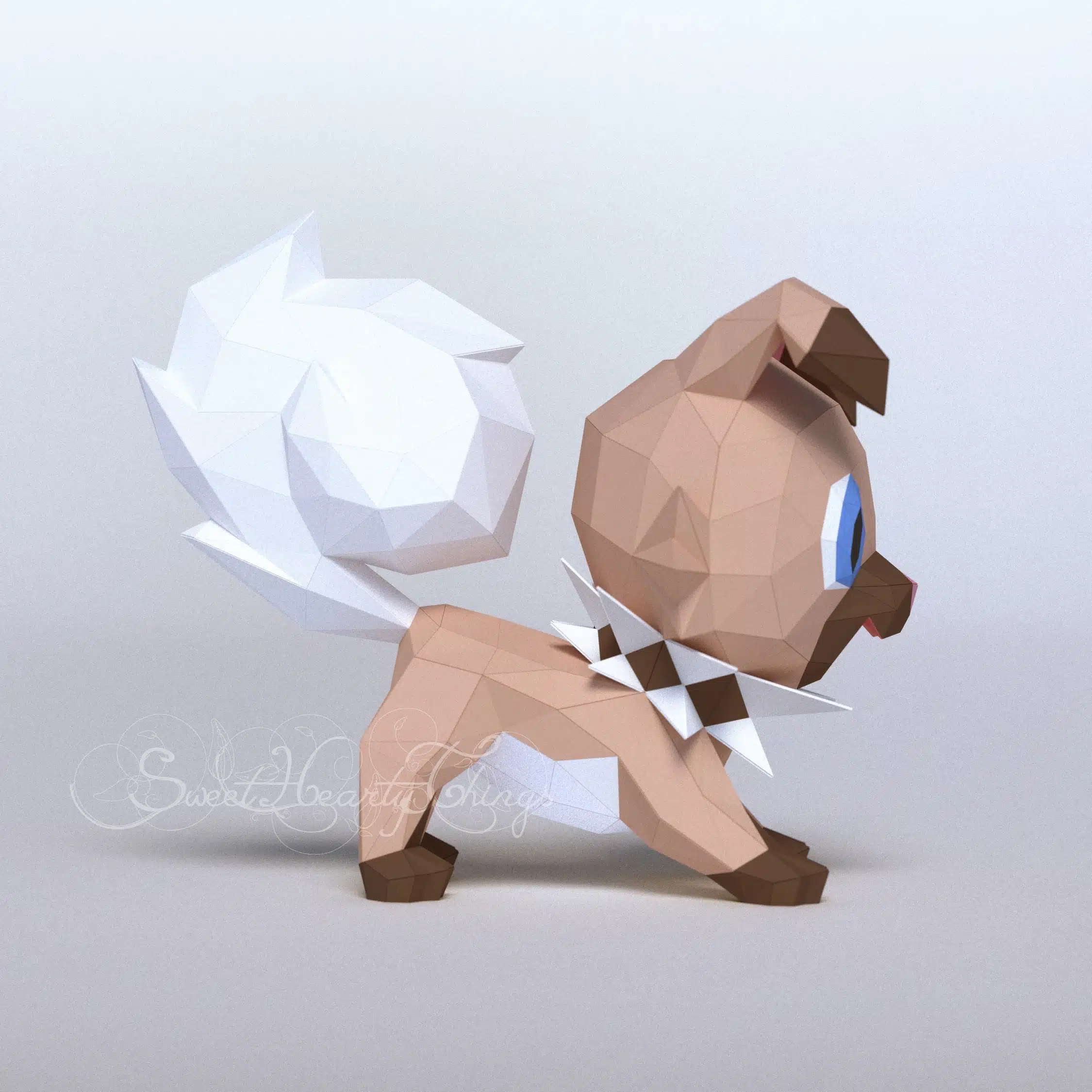 Papercraft de filhotes de cachorro em origami 3D, vista traseira