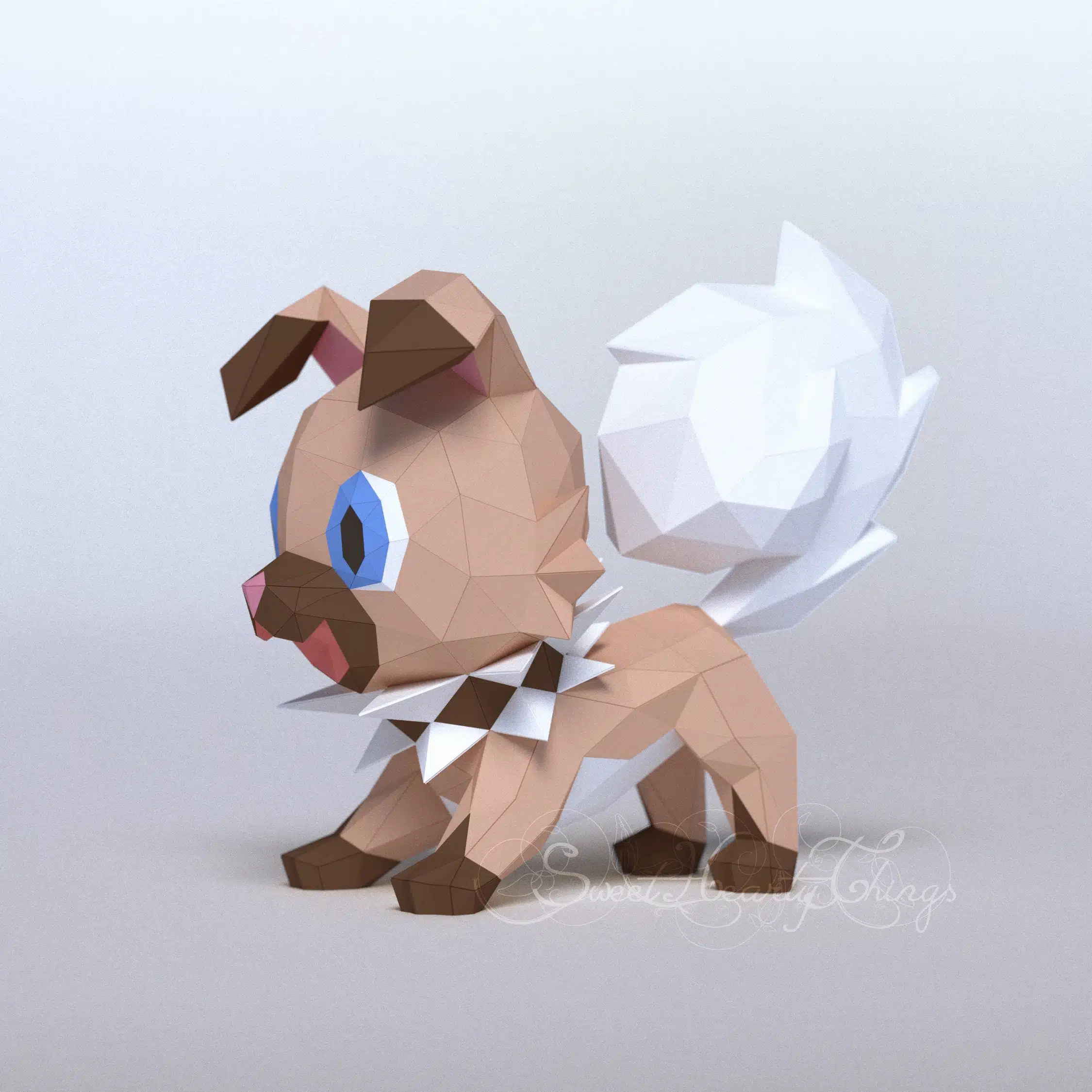 Papercraft de filhotes de cachorro em origami 3D, vista lateral