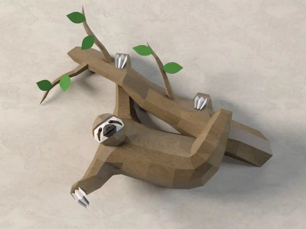 Origami sloth papercraft on branch, view 2