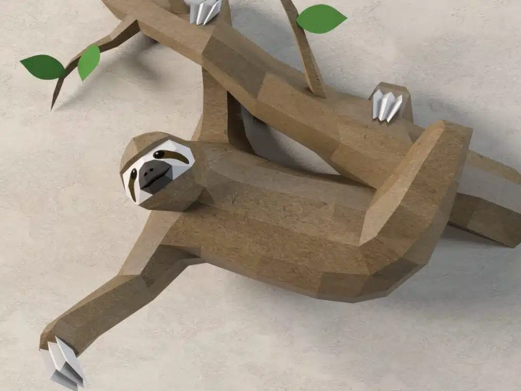 Origami sloth papercraft on branch, 3D model