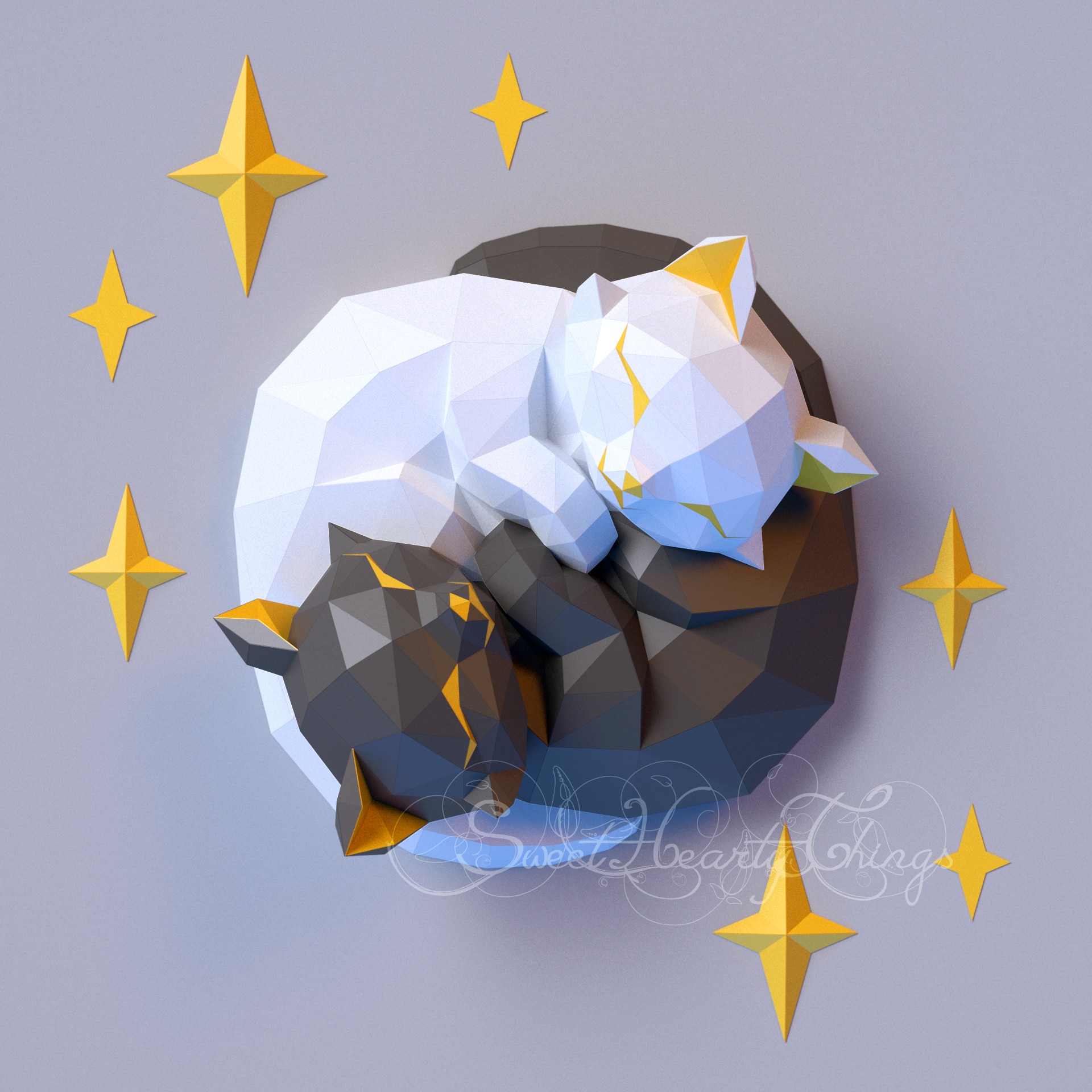 Papercraft yin yang intertwined cats in origami