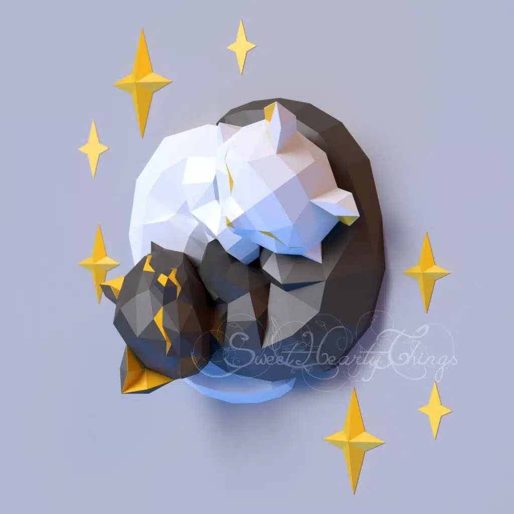 Papercraft chats entrelacés ying et yang en origami, vue 3