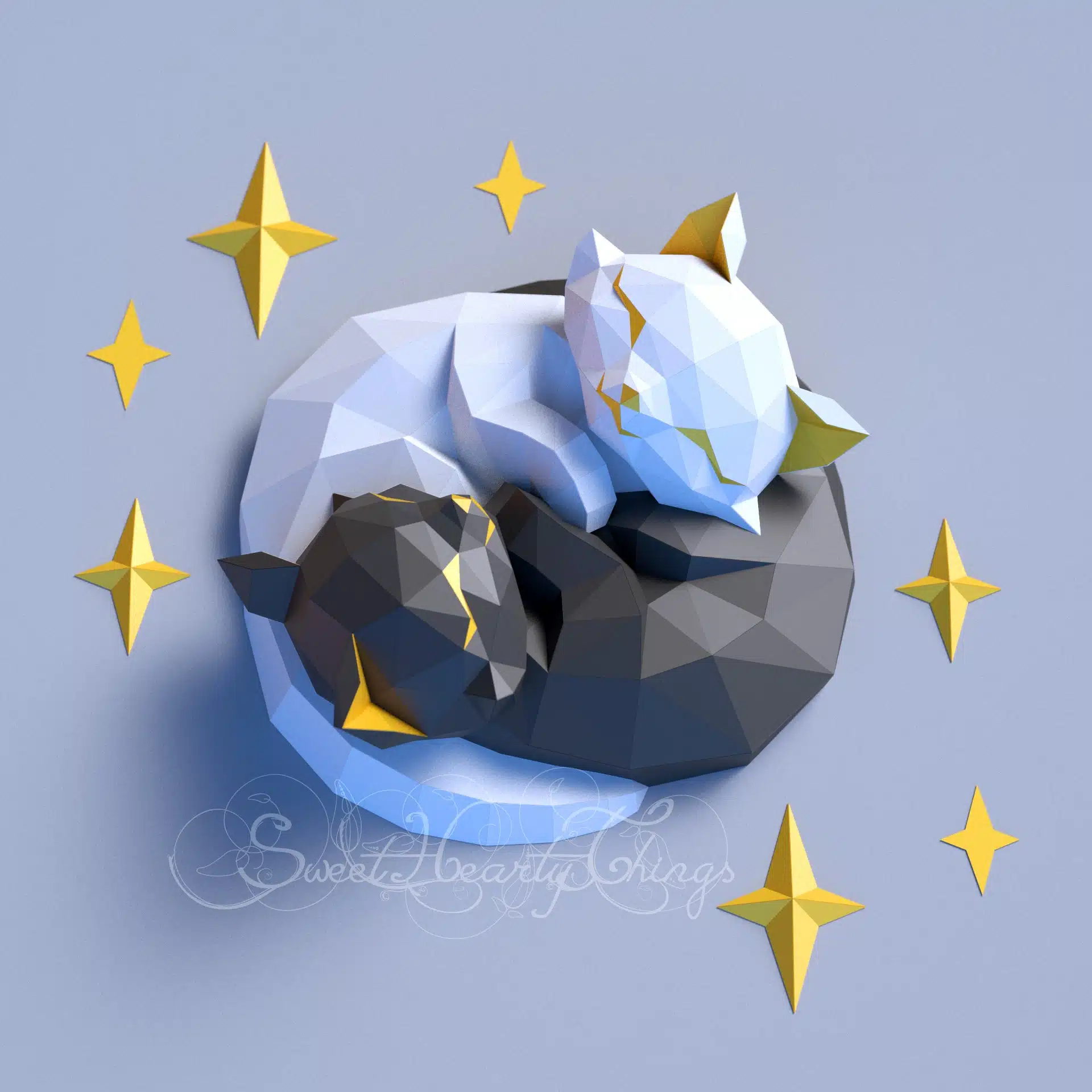 Yin Yang Intertwined Cats Papercraft Origami, back view