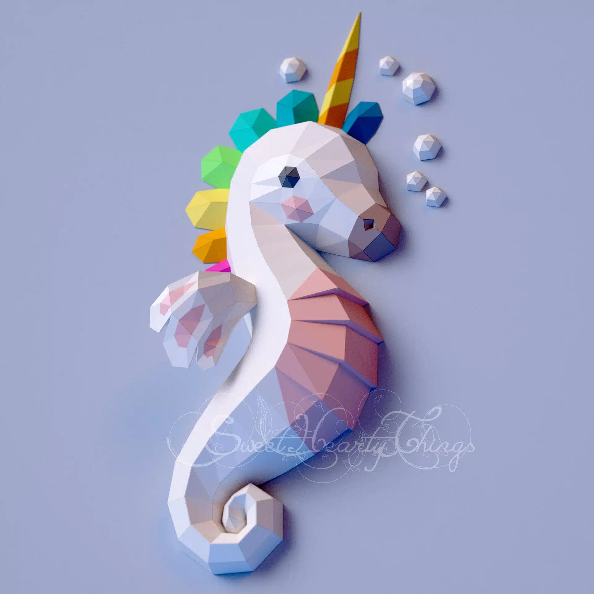 Origami seahorse unicorn papercraft wall sculpture, back view