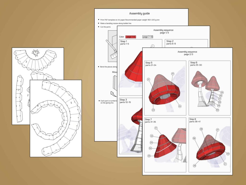 Papercraft de cogumelos vermelhos em origami 3D