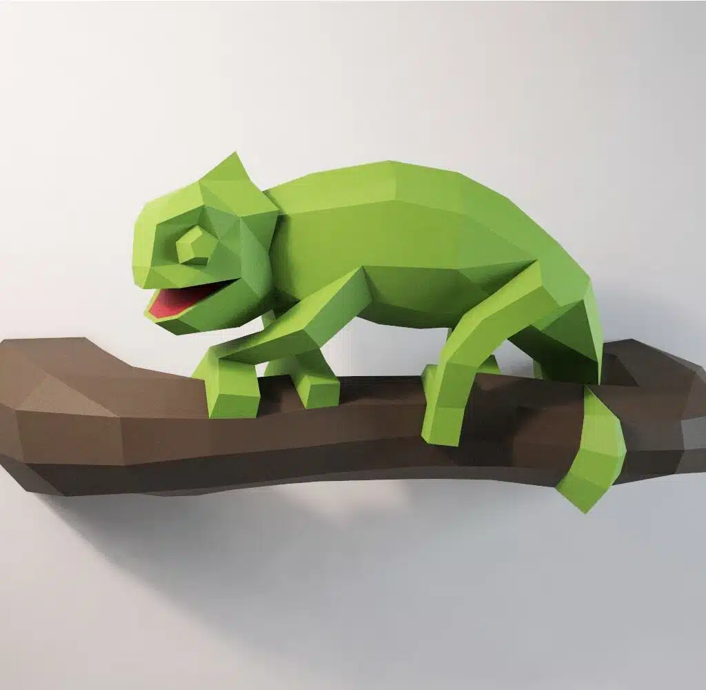 Papercraft caméléon sur branche murale en origami 3D