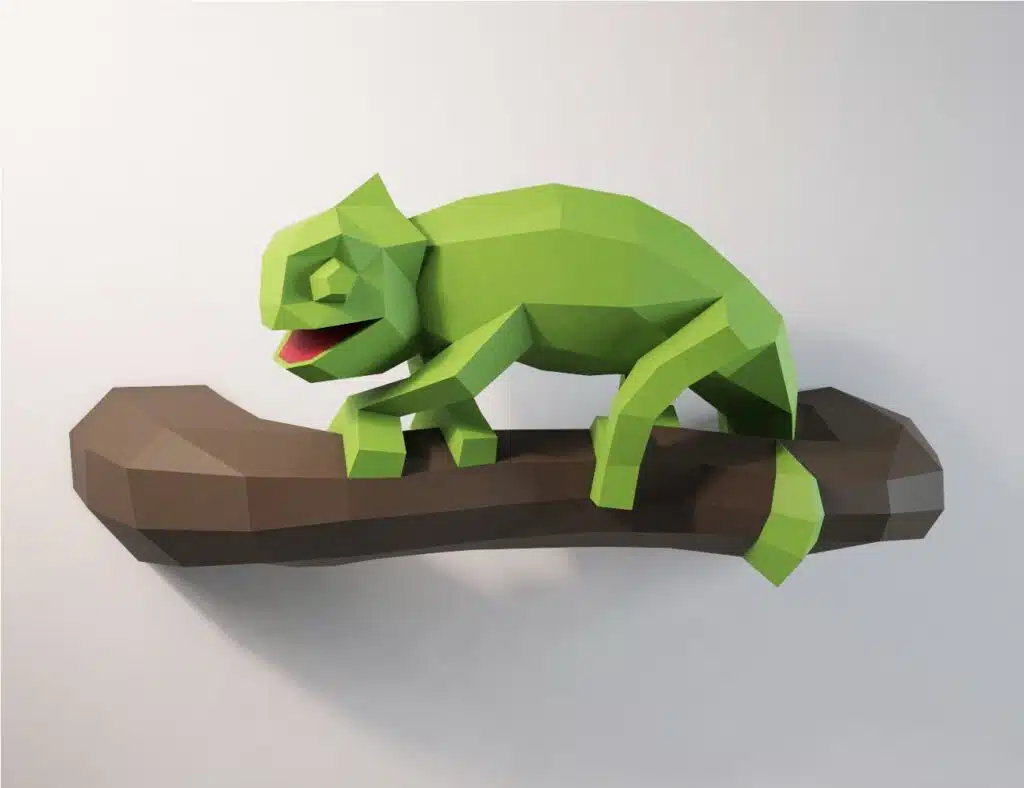 Papercraft caméléon sur branche murale en origami 3D