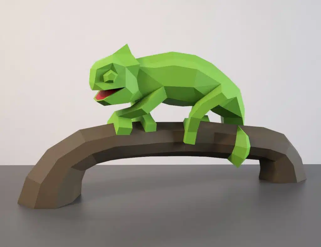 Papercraft caméléon sur branche murale en origami 3D