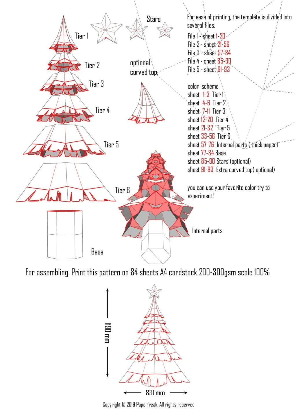 Besneeuwde kerstboom papercraft in 3D-origami, weergave 2