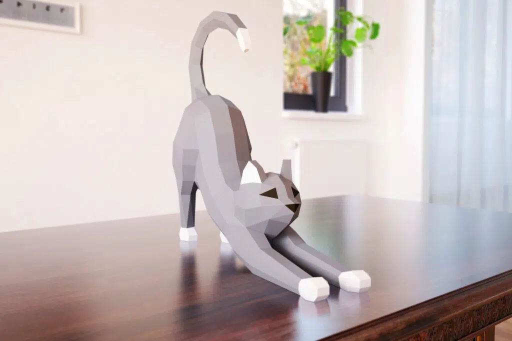 Papercraft di gatto che si stira in origami 3D