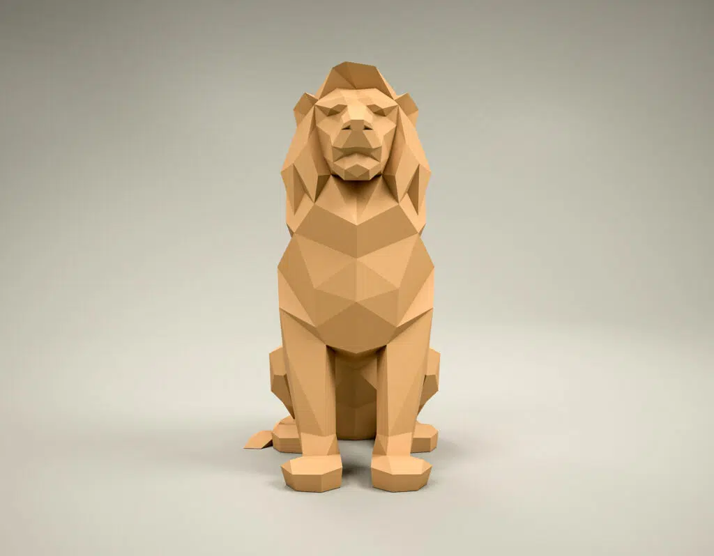 Papercraft leeuw zittend in 3D origami, weergave 2