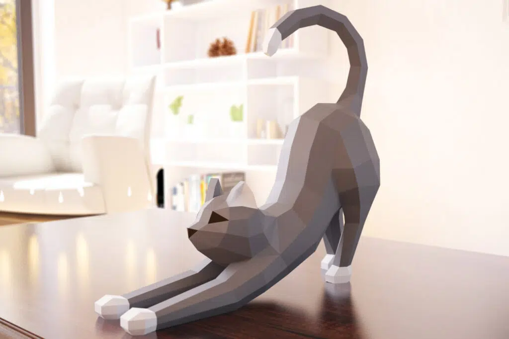 Papercraft di gatto che si stira in origami 3D