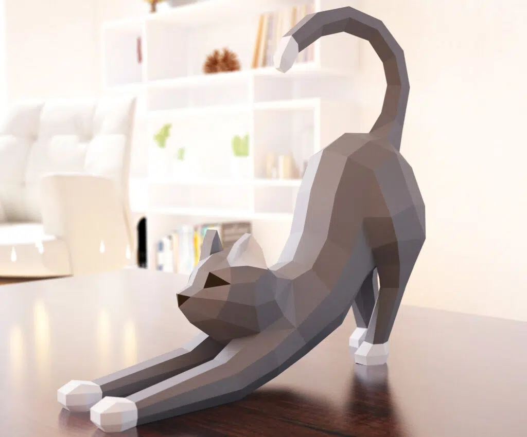 Sich streckende Papercraft-Katze im 3D-Origami-Stil