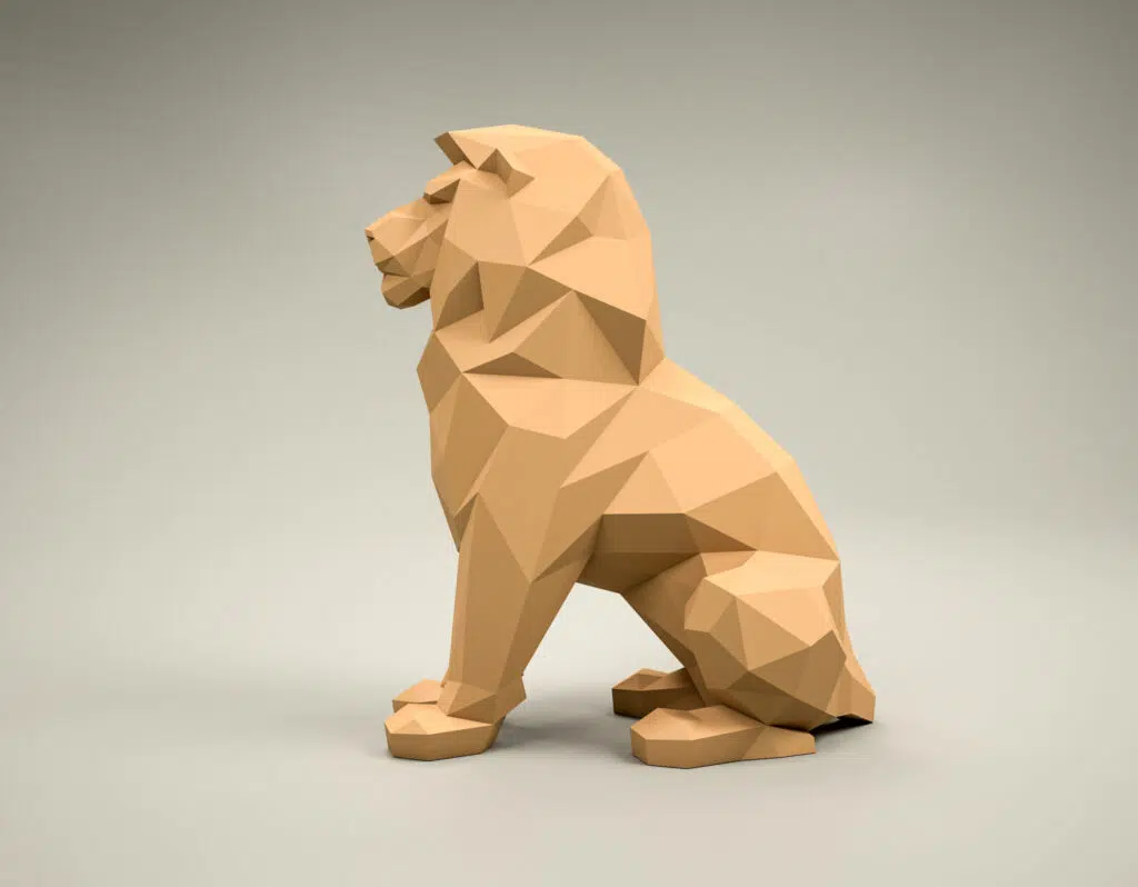 Papercraft leeuw zittend in 3D origami, weergave 3