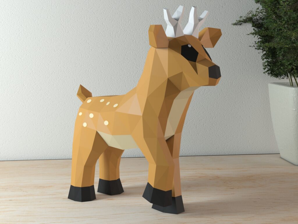 Papercraft di piccolo cervo cartoon in origami 3D
