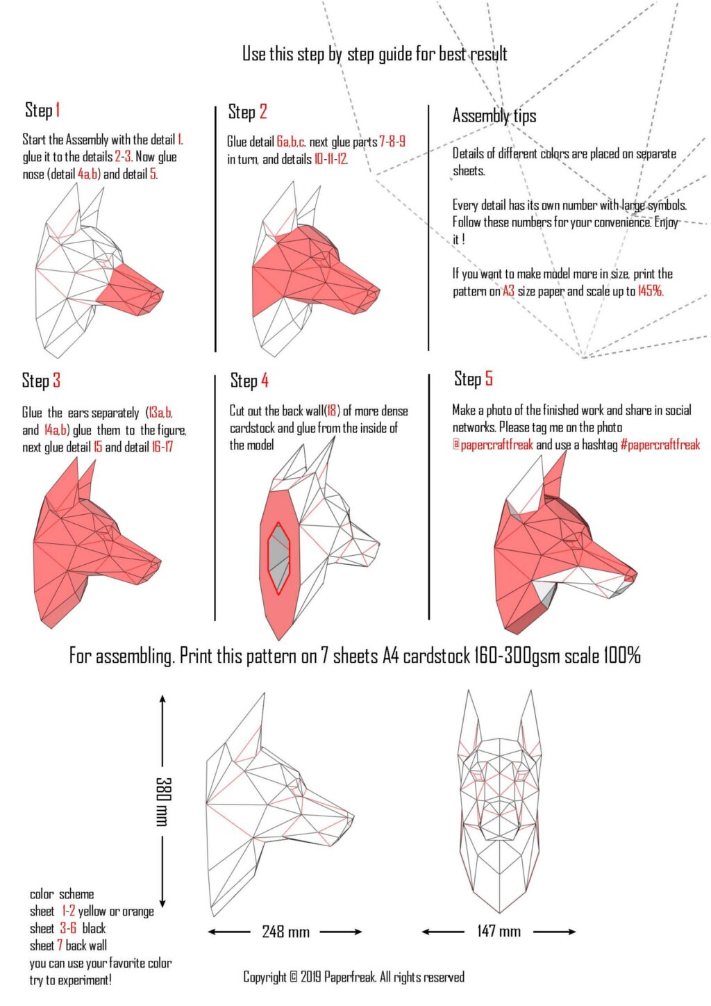 3D origami wall-mounted Doberman head papercraft