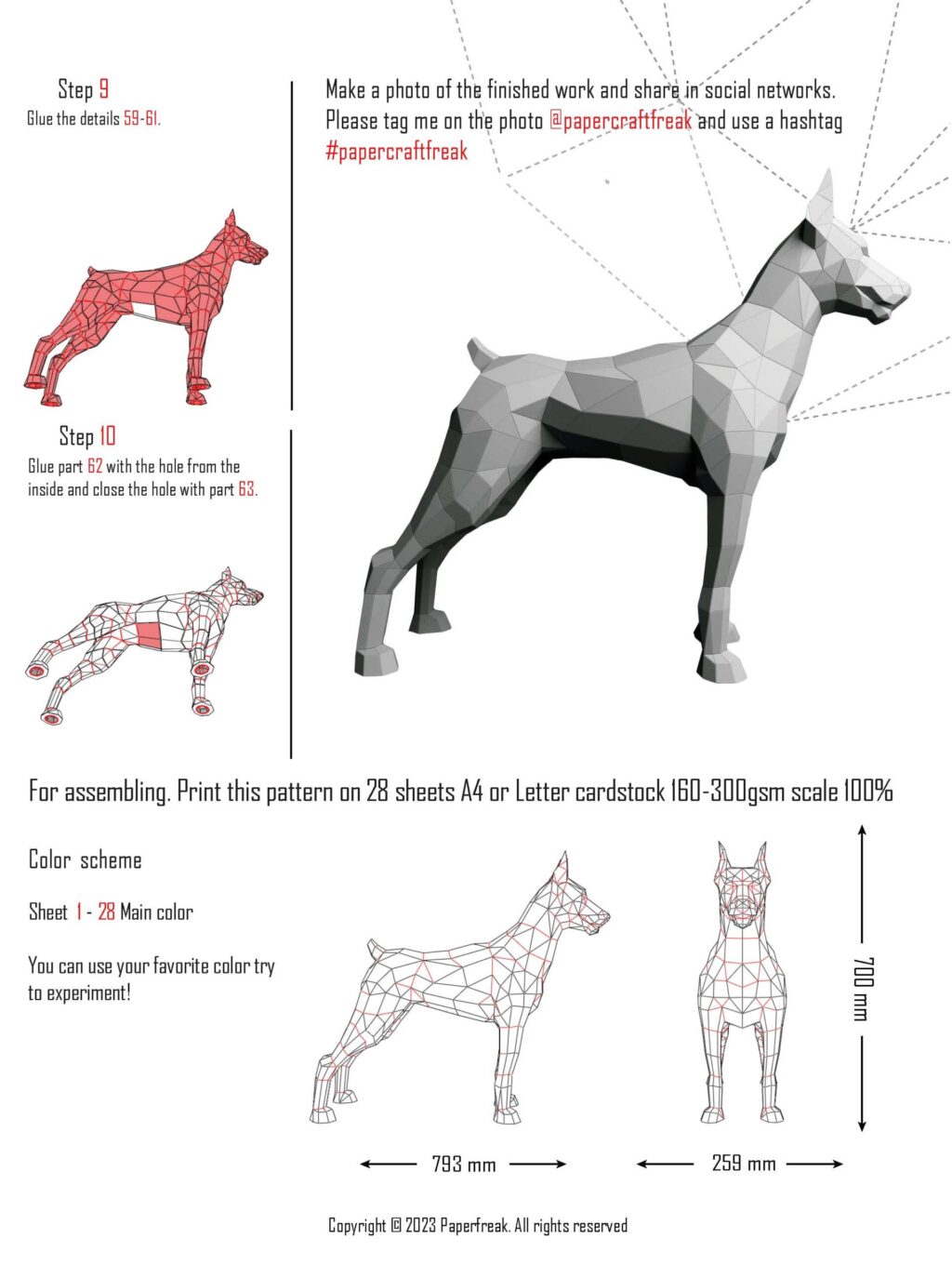 Papercraft di doberman muscoloso in origami 3D