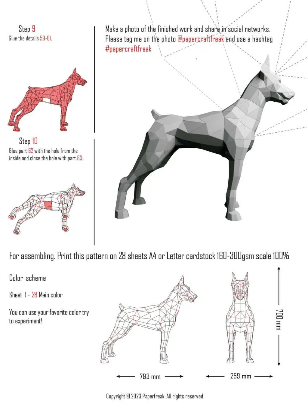 Papercraft van een gespierde Dobermann in 3D-origami, weergave 3