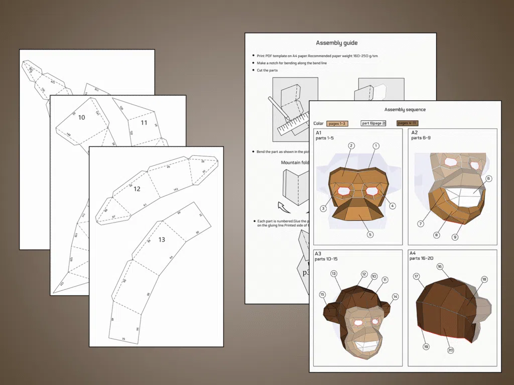 Natural Kraft 3D Origami Monkey Mask Papercraft