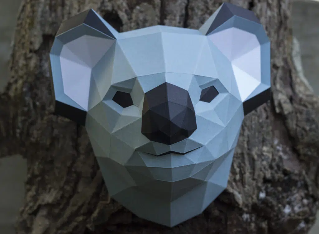 Papercraft koalakop aan de muur in 3D origami, 3D-model