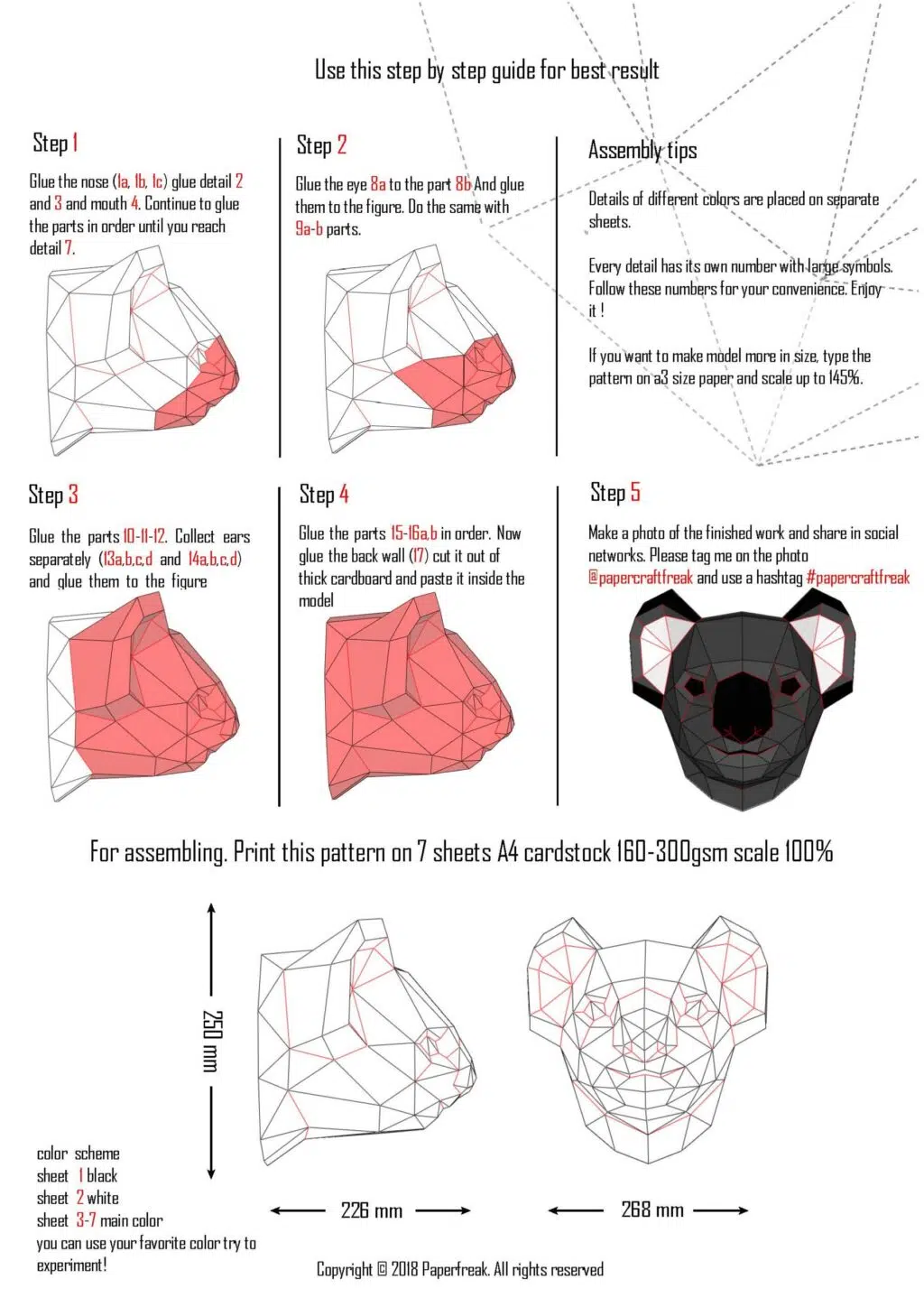 Papercraft koalakop aan de muur in 3D origami, weergave 3