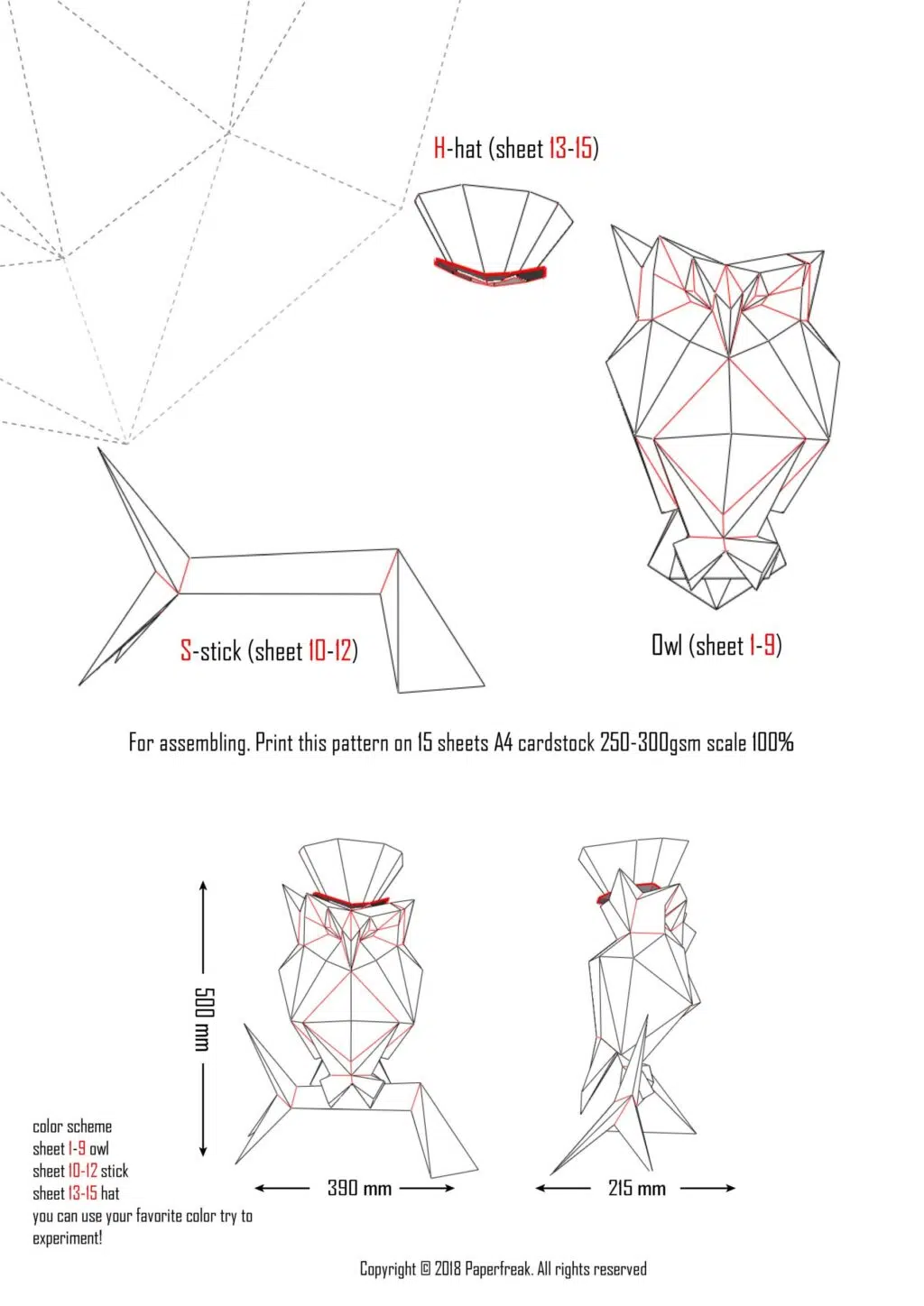 Uil in papercraft 3D met hoed - decoratieve sculptuur, weergave 3