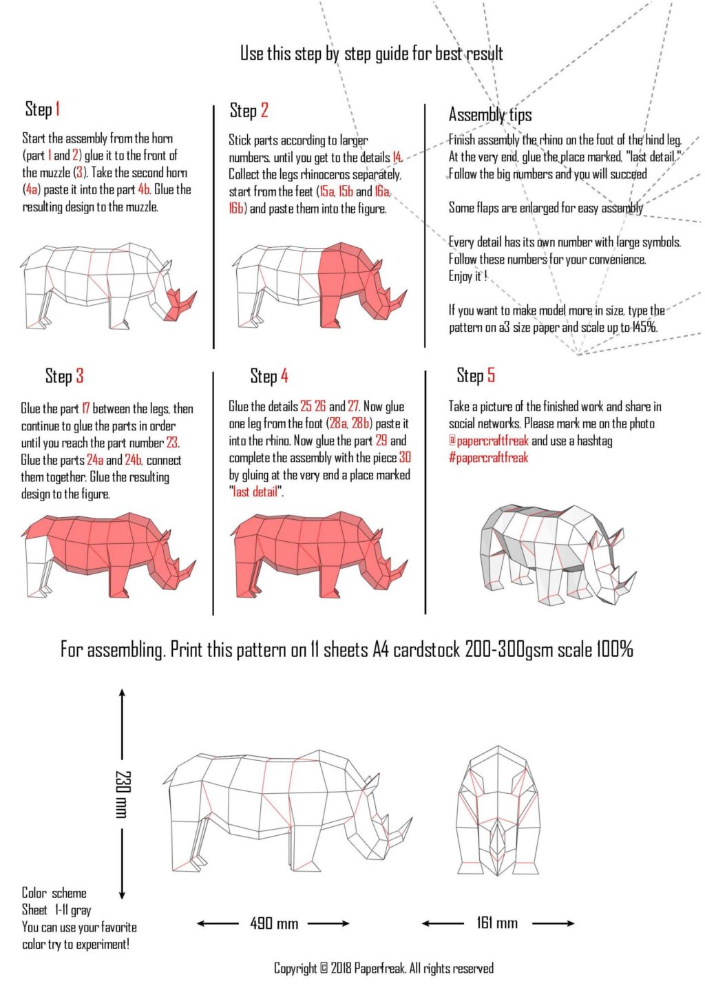 Papercraft de pequeno rinoceronte africano em origami 3D