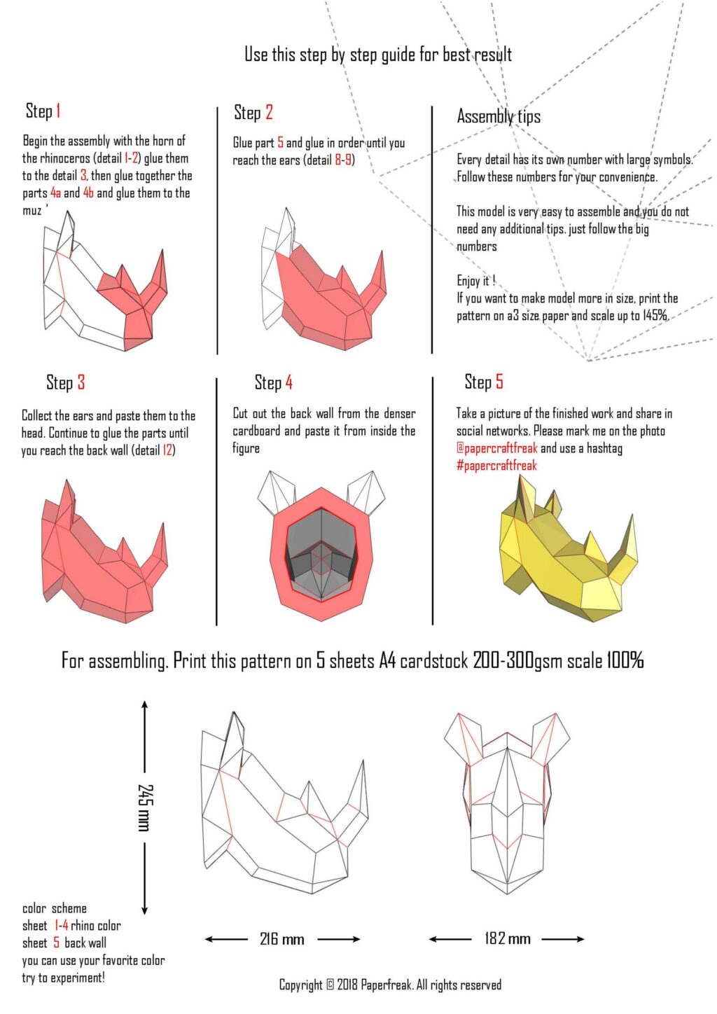 3D Origami Papercraft Rhinoceros Head