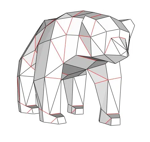 Papercraft urso em movimento em origami 3D, detalhe