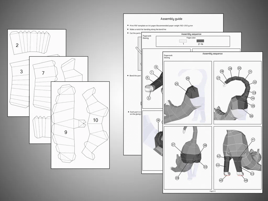 Papercraft di gatto che si stira in origami 3D