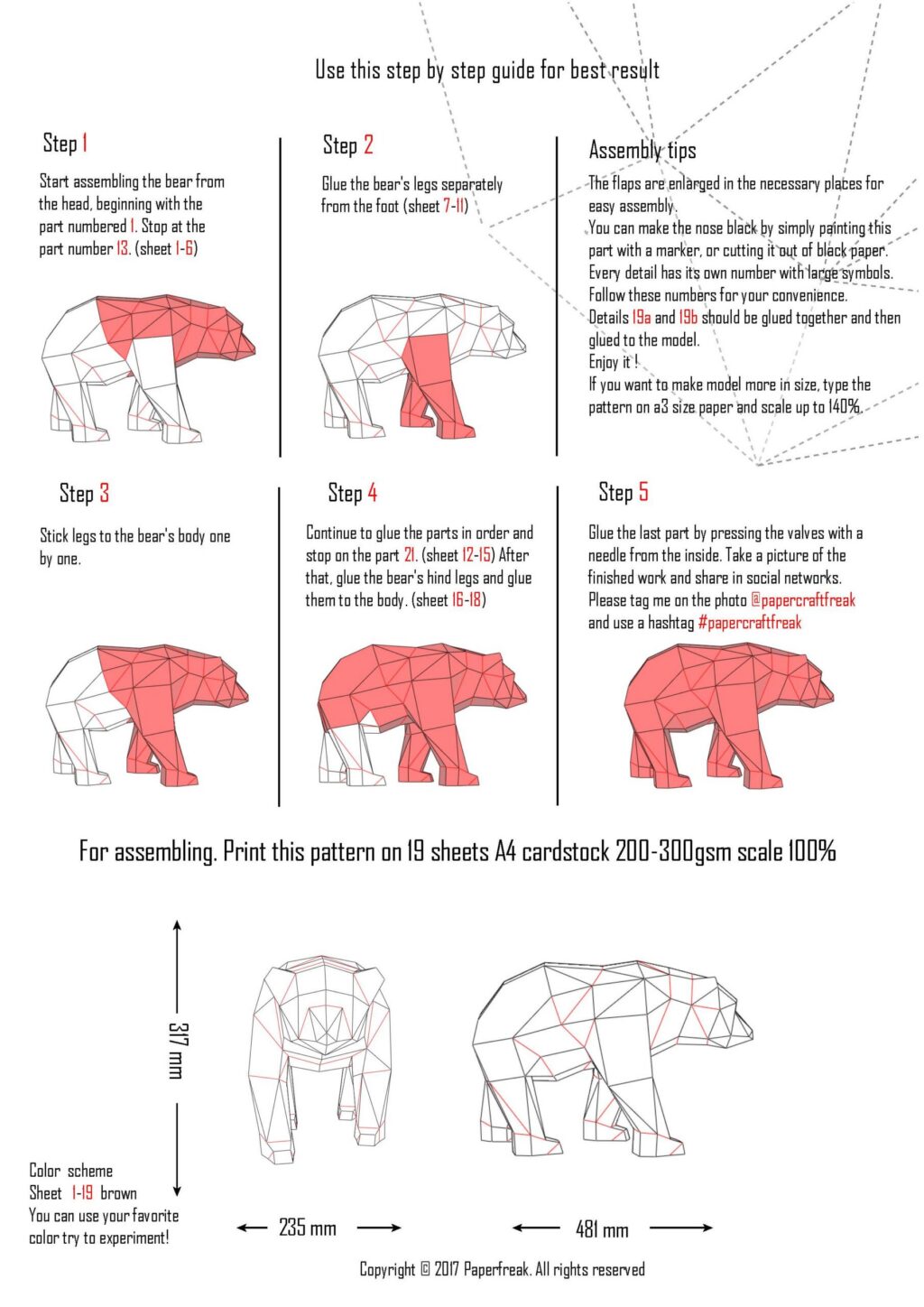 Papercraft urso em movimento em origami 3D