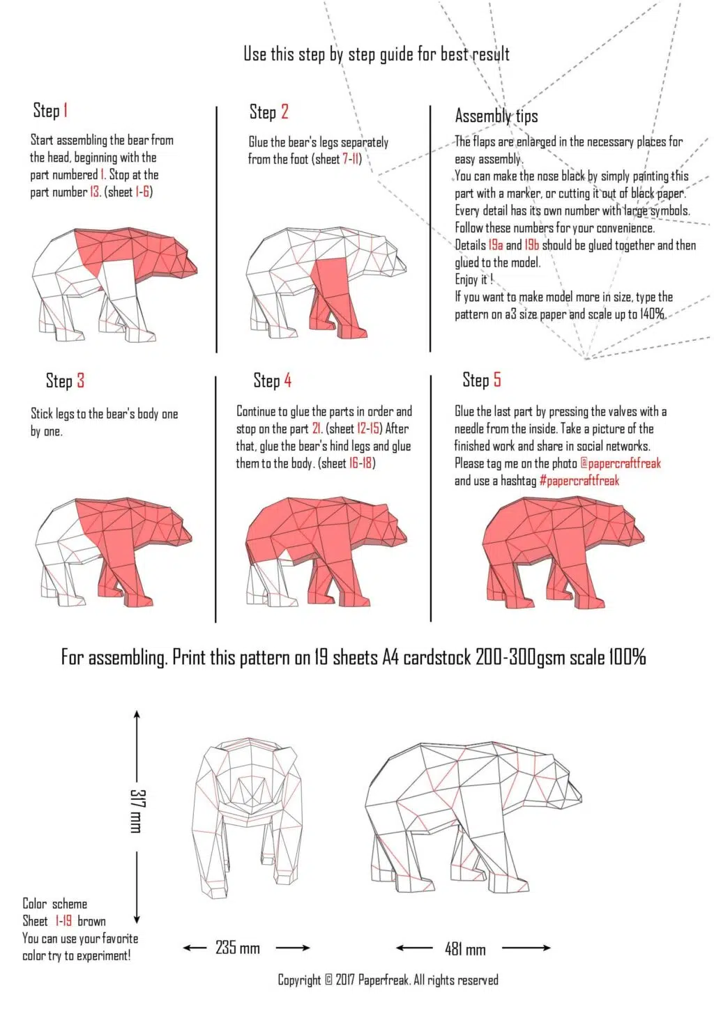 Papercraft urso em movimento em origami 3D