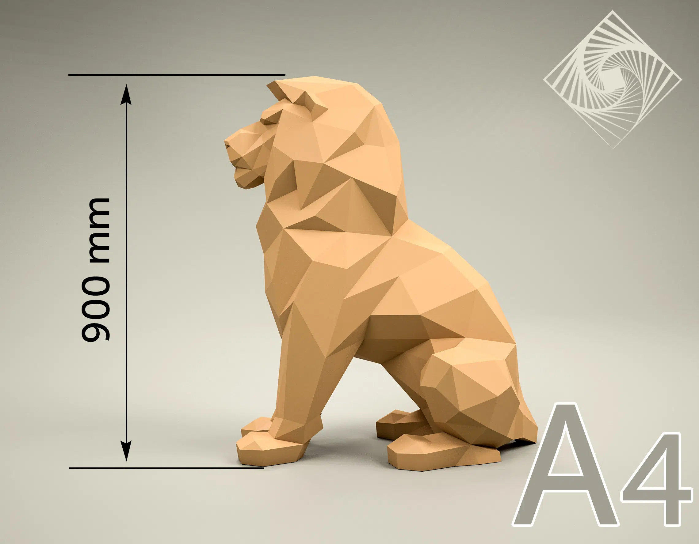 Papercraft leeuw zittend in 3D origami, weergave 8