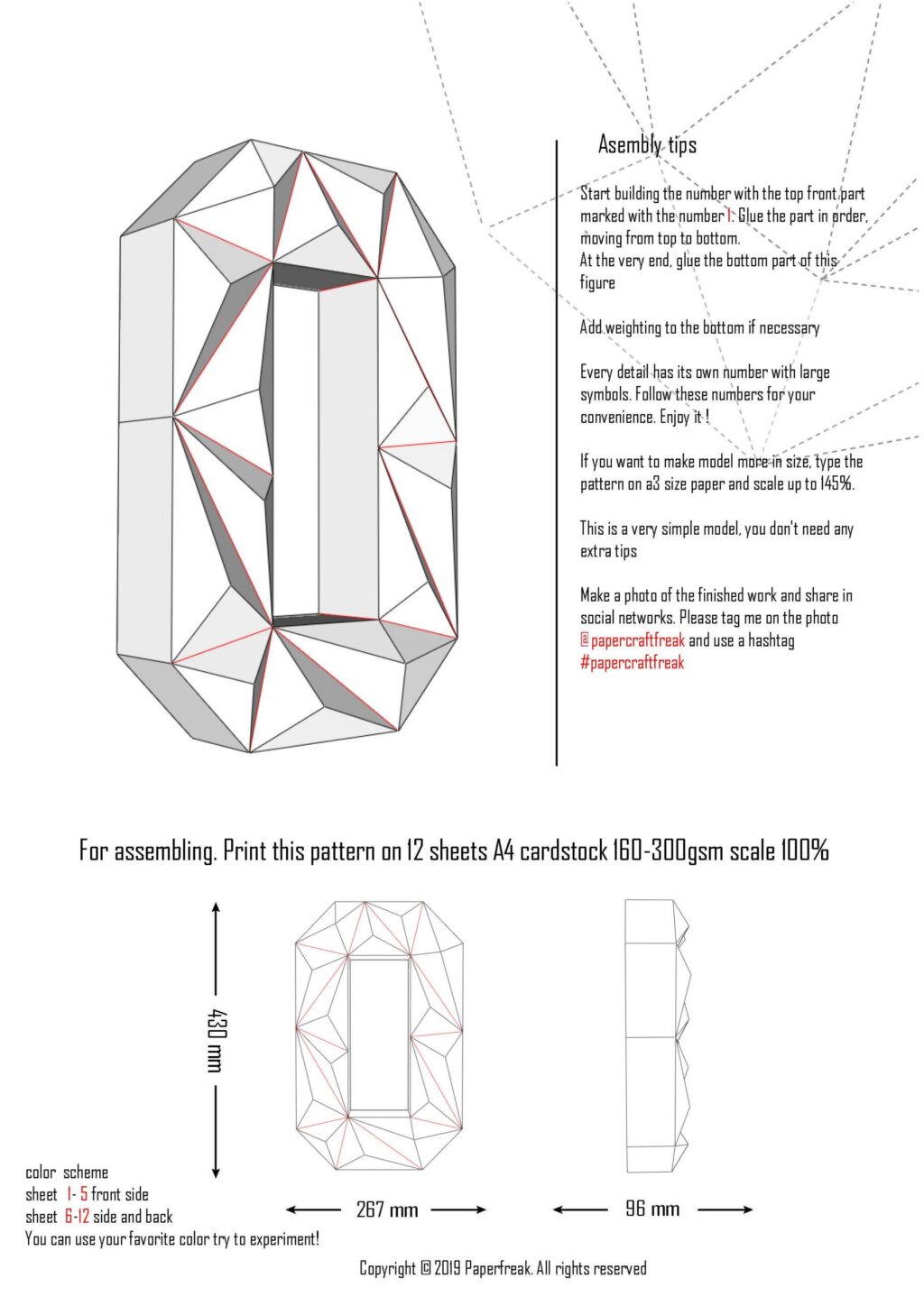 Número 0 em papercraft 3D – molde em PDF para imprimir para decoração de aniversário e projetos criativos