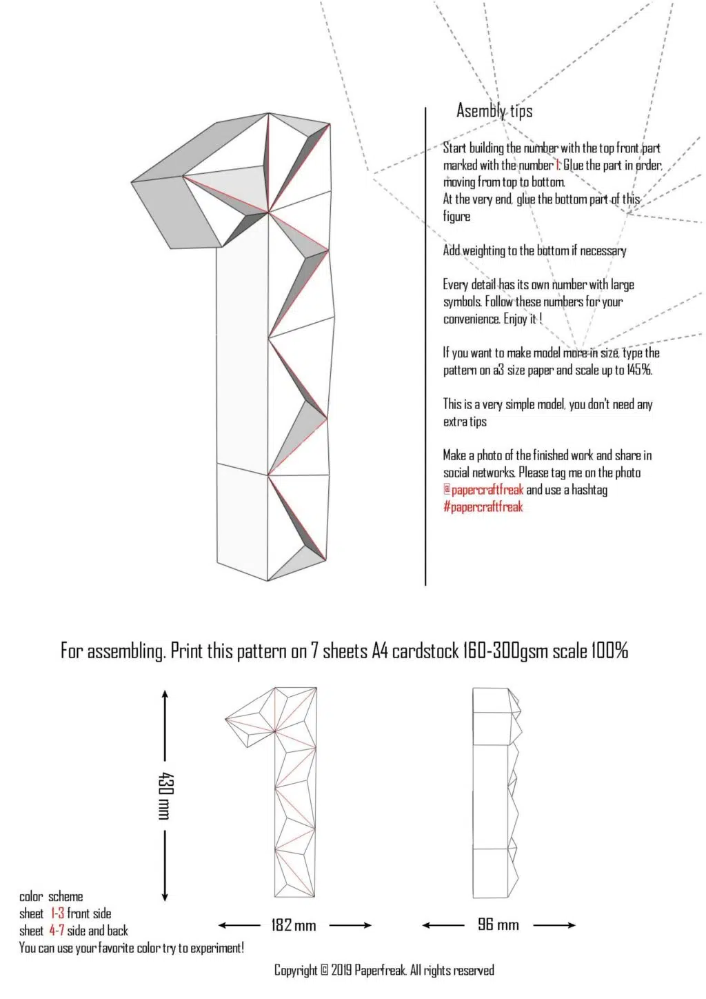 Chiffre 1 en papercraft 3D - modèle PDF à imprimer pour anniversaire et déco festive