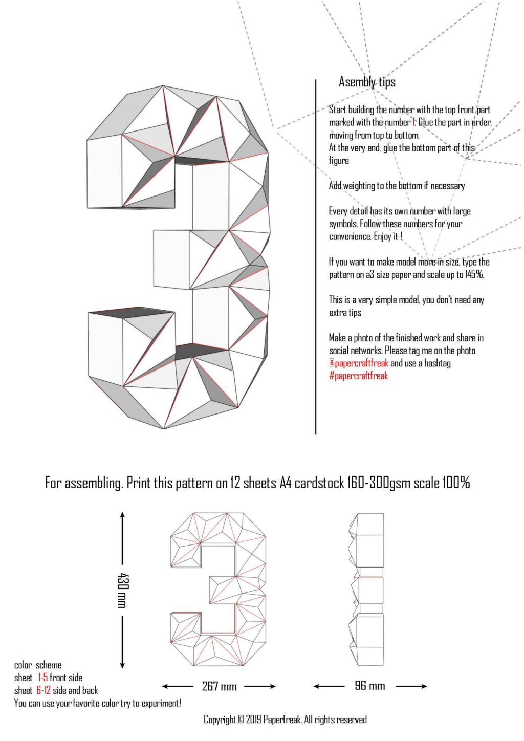 Numero 3 in papercraft 3D – modello PDF da stampare per decorazioni di compleanno o eventi festivi