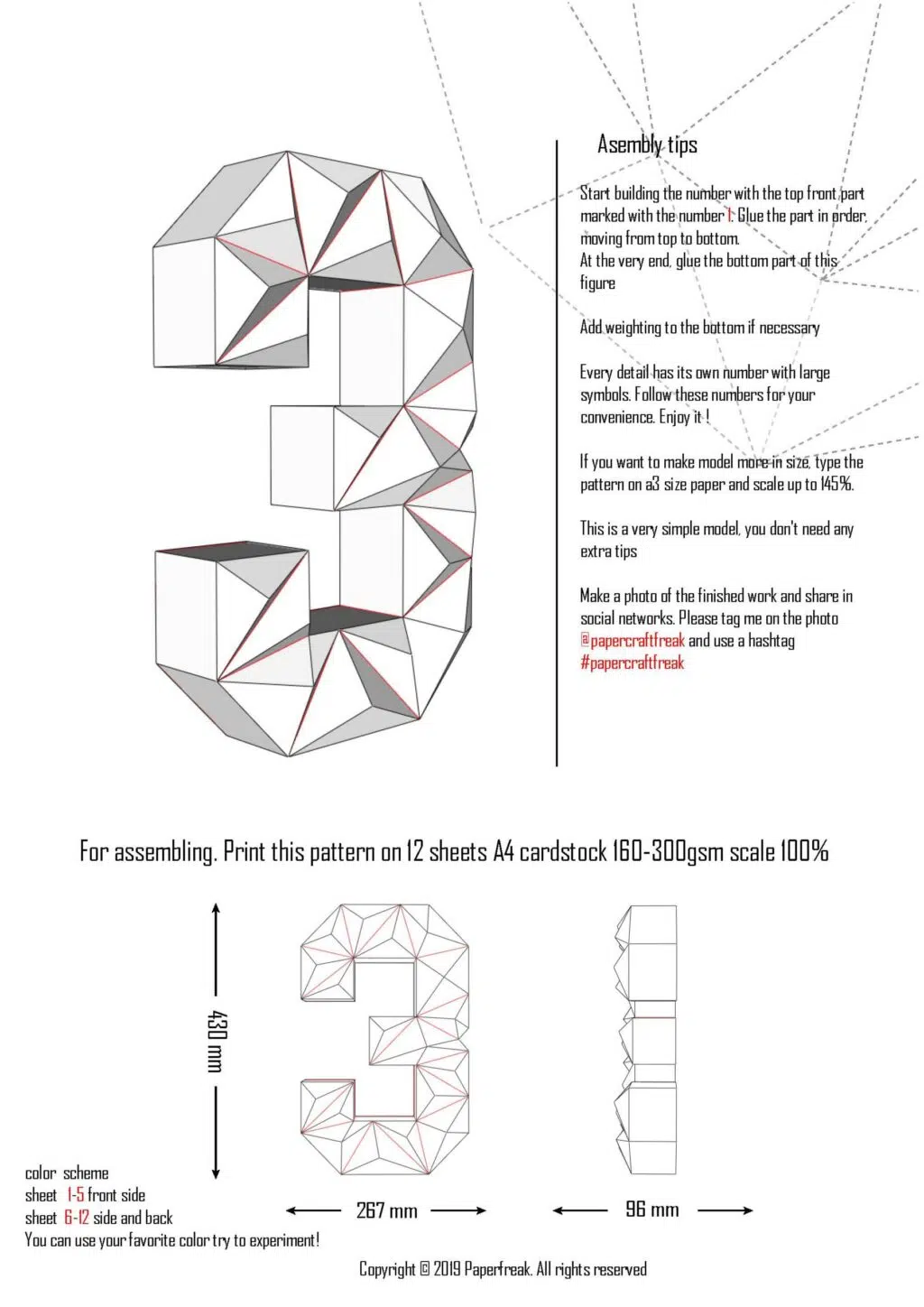 Chiffre 3 en papercraft 3D - modèle PDF à imprimer pour déco d’anniversaire ou événement festif