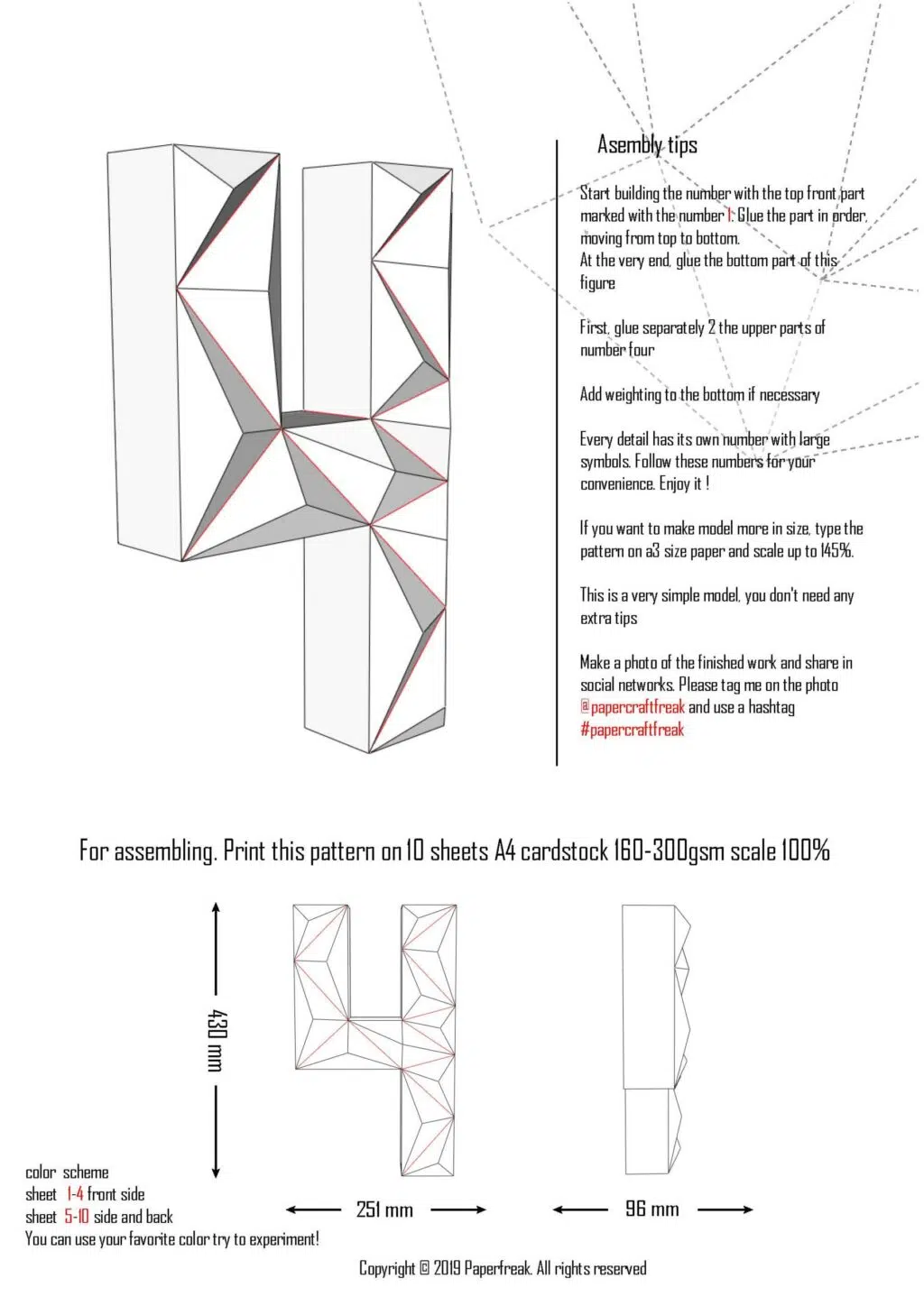 Chiffre 4 en papercraft 3D - modèle PDF pour anniversaire, déco DIY et événements festifs