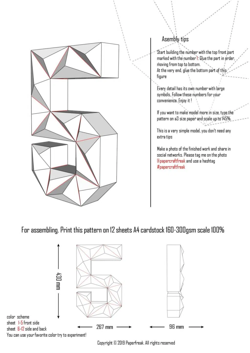 Papercraft chiffre 5 noir en origami 3D