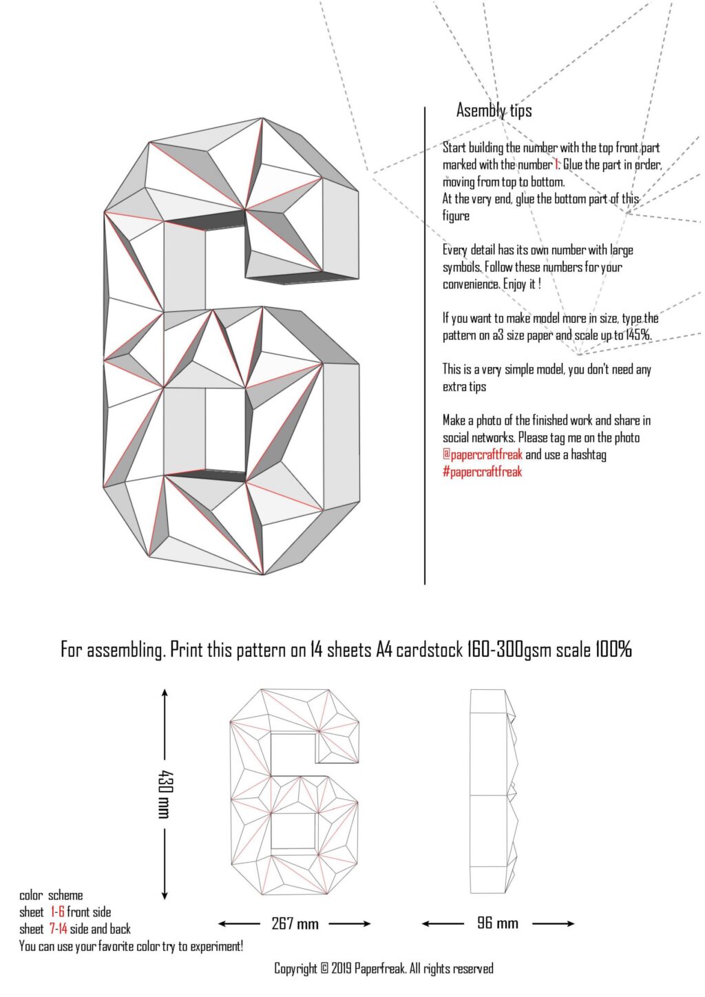 Número 6 en papercraft 3D – modelo PDF para imprimir para cumpleaños y decoración