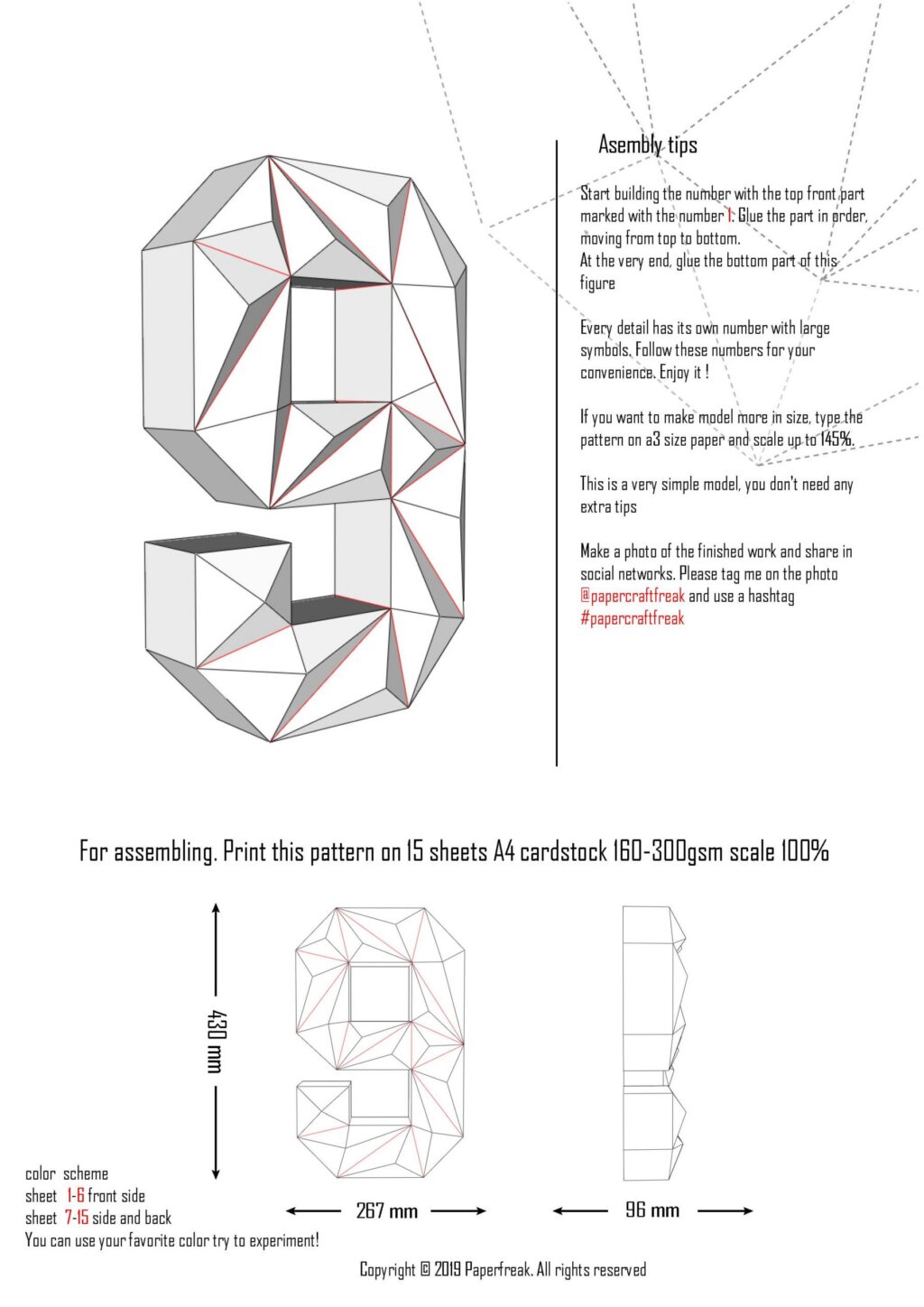 Número 9 en papercraft 3D – modelo PDF imprimible para cumpleaños y decoración