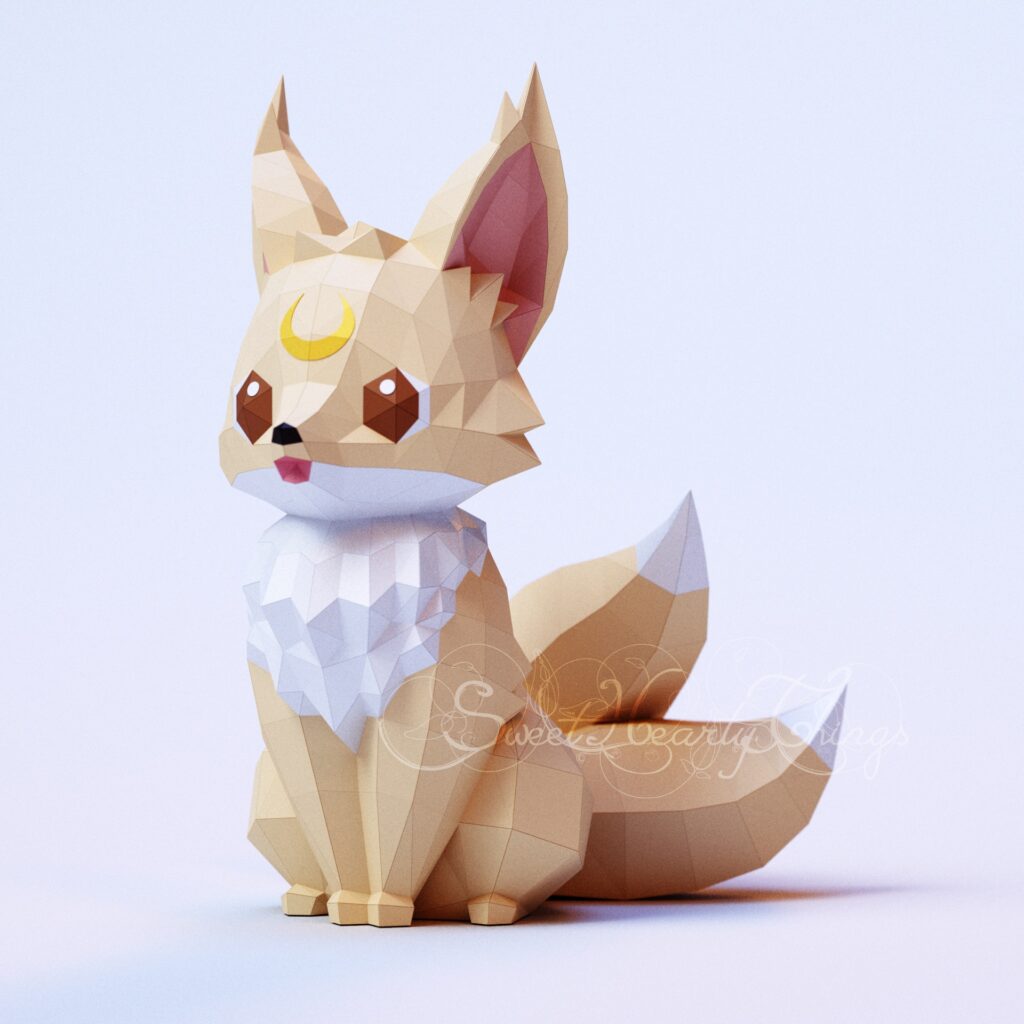 Piccolo kitsune sulla luna in papercraft 3D