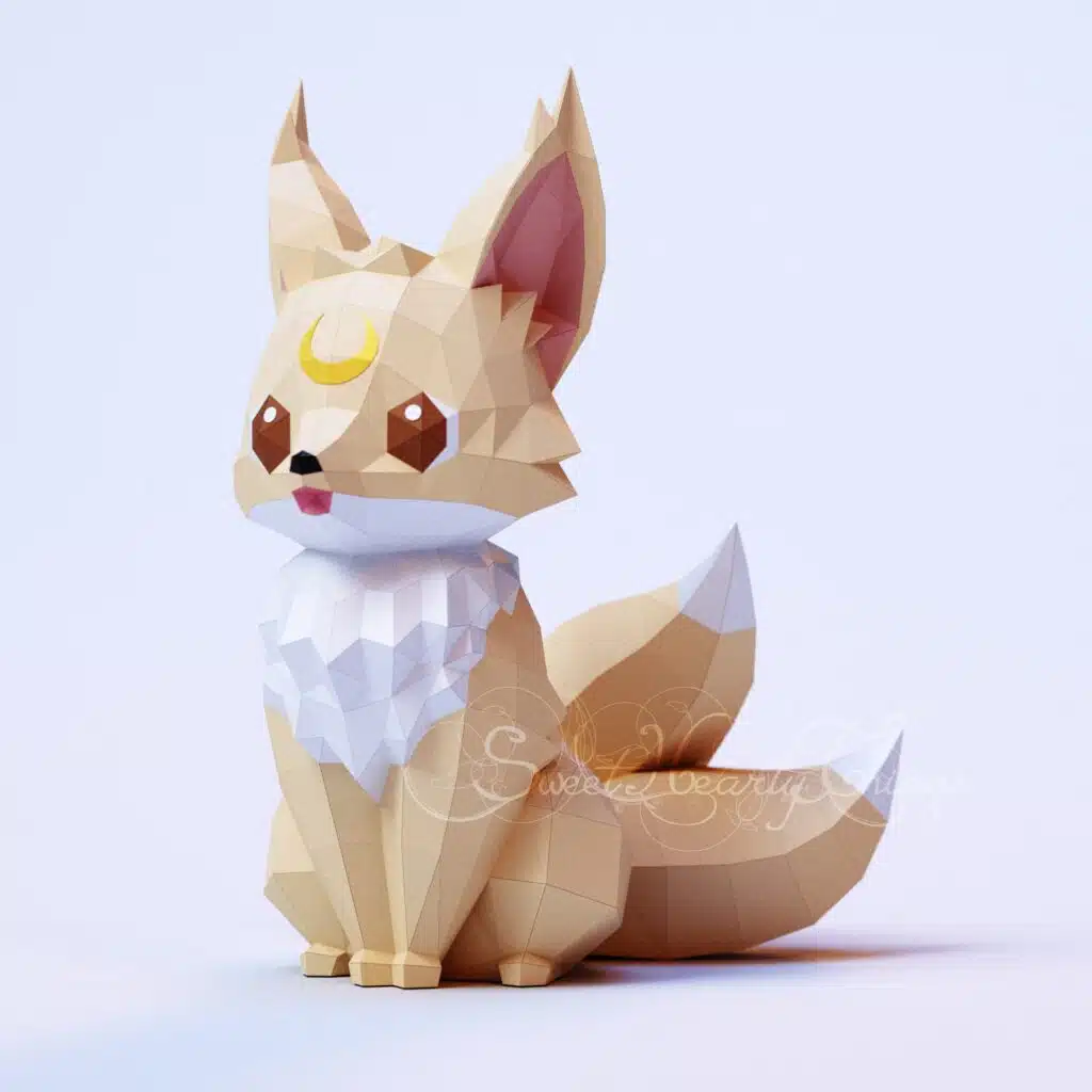 Kleiner Kitsune-Fuchs auf dem Mond als 3D-Papercraft