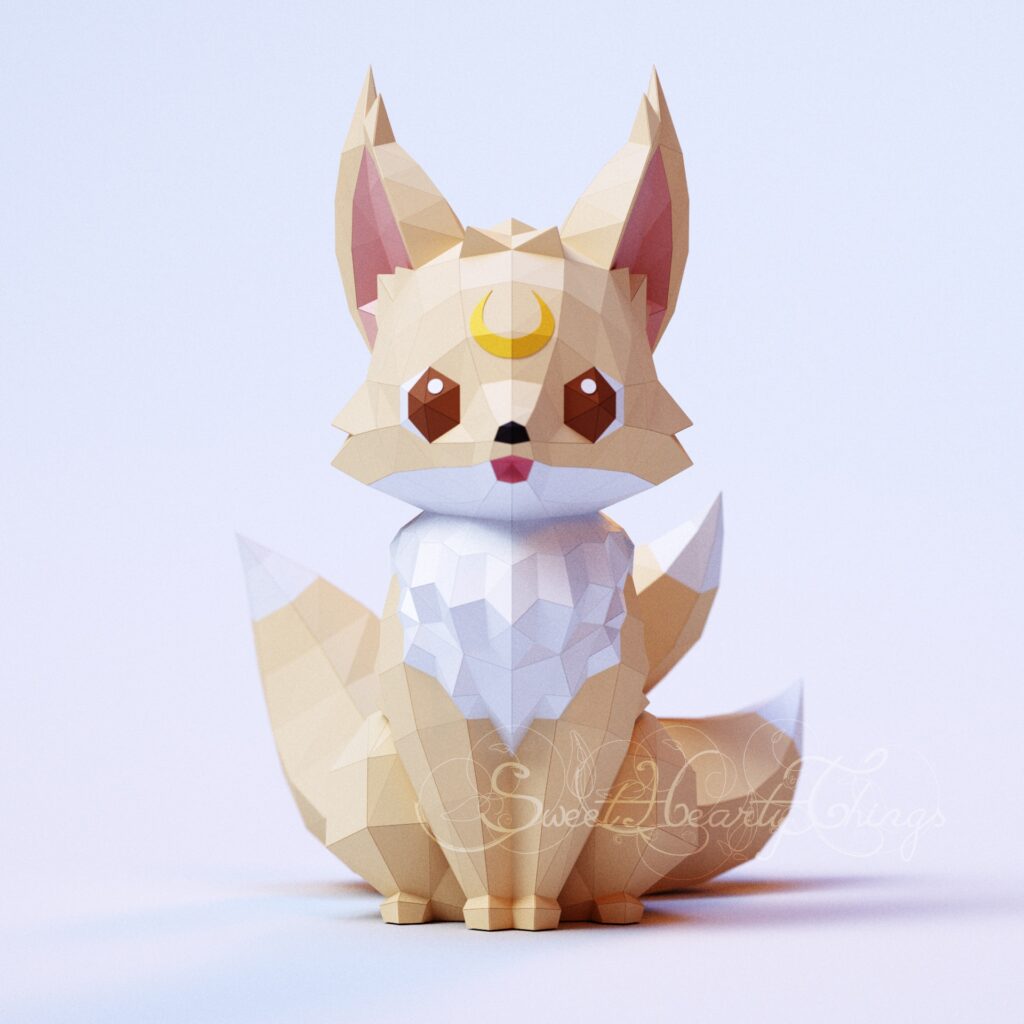 Kleiner Kitsune-Fuchs auf dem Mond als 3D-Papercraft