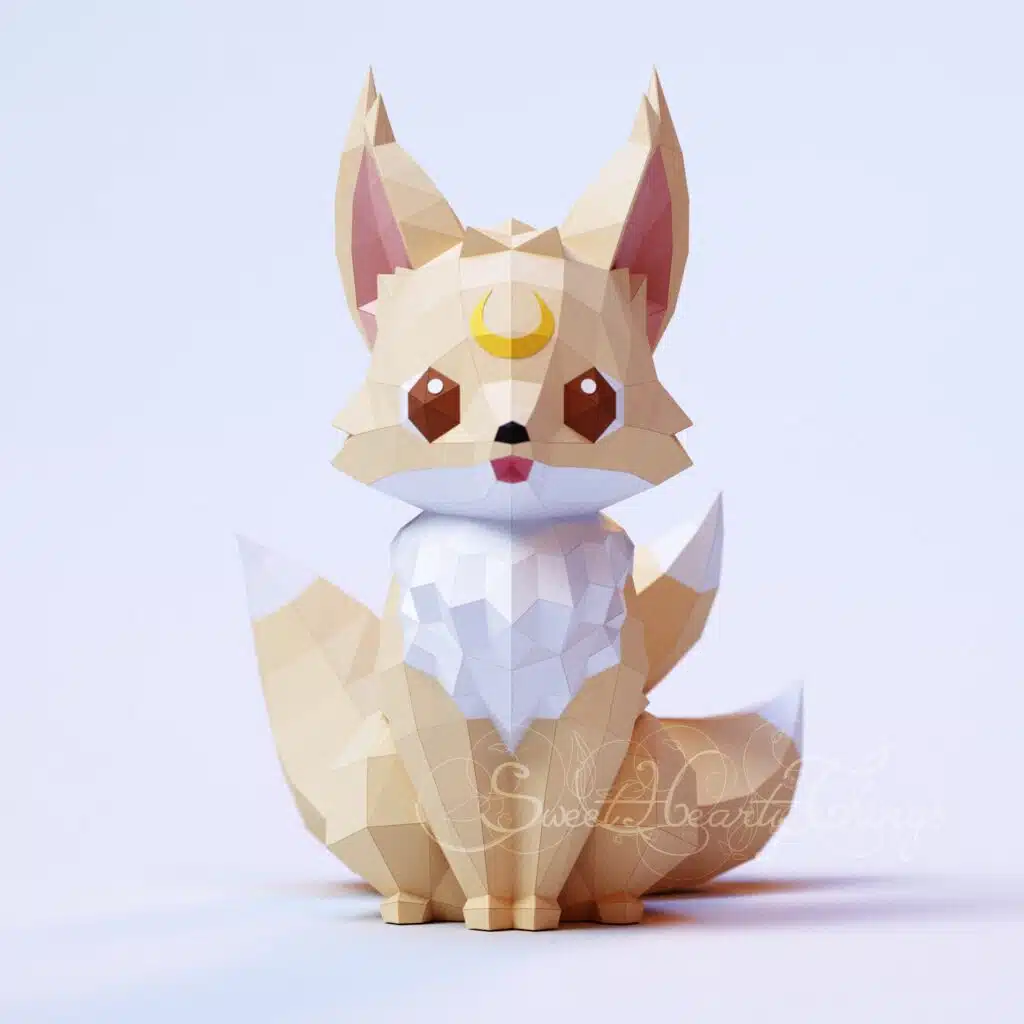 Kitsune vos op de maan in papercraft 3D, weergave 2