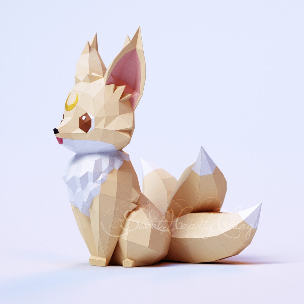 Kleiner Kitsune-Fuchs auf dem Mond als 3D-Papercraft