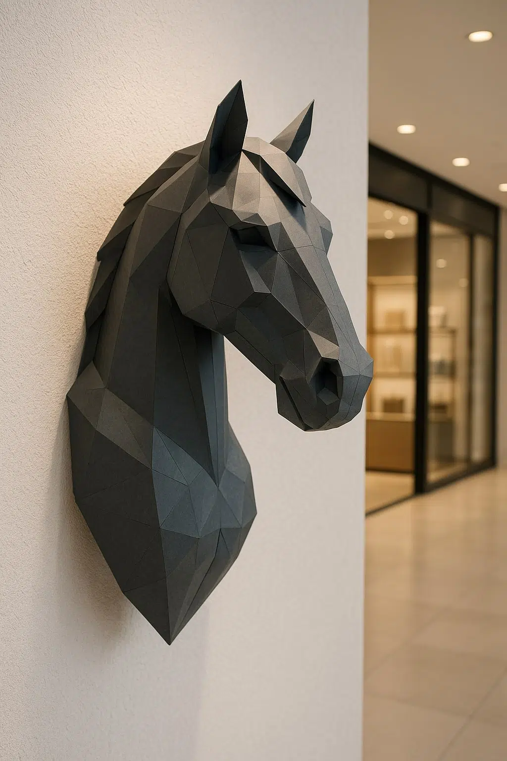 Tête de cheval en papier noir montée sur un mur d'entreprise