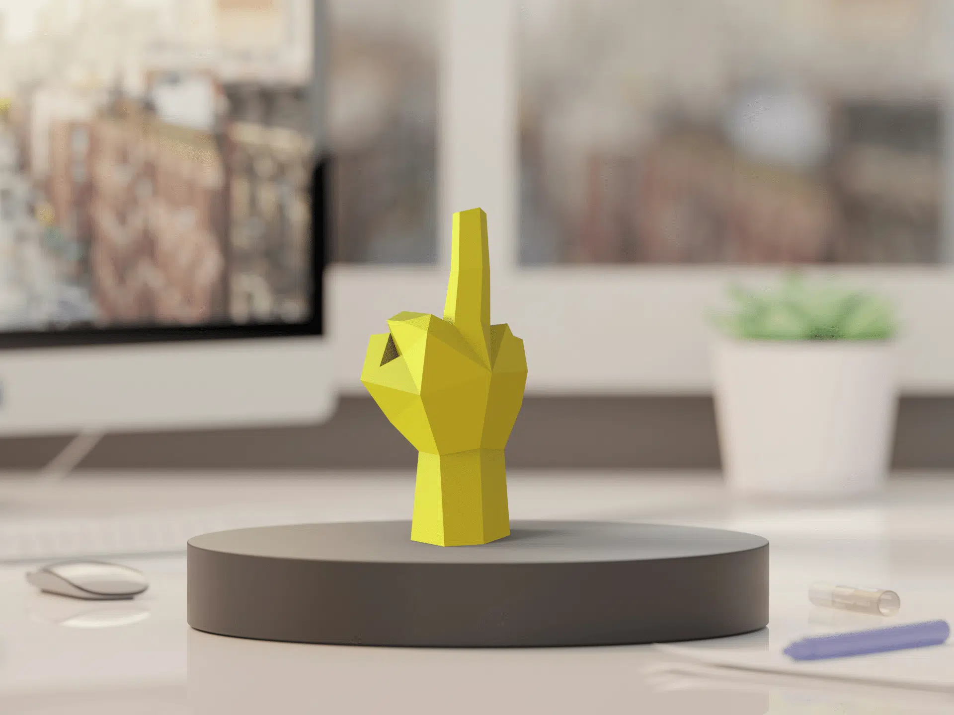 Dedo do meio em papercraft 3D, vista lateral