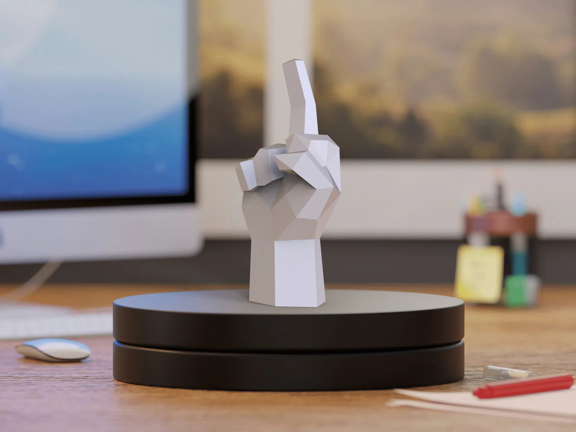 Dedo do meio em papercraft 3D, vista traseira