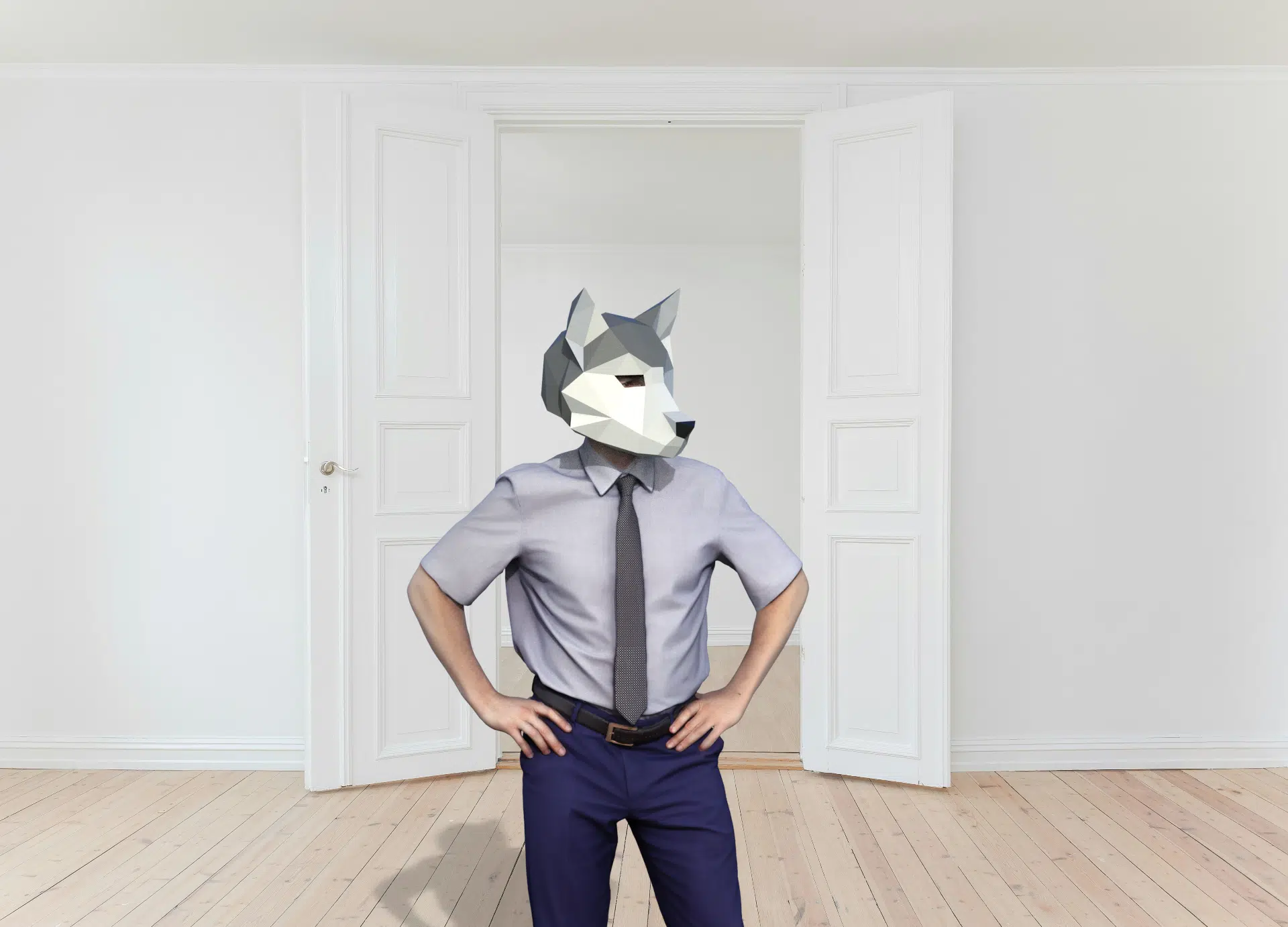 Masker wolf lichtgrijs 3D papercraft, weergave 4